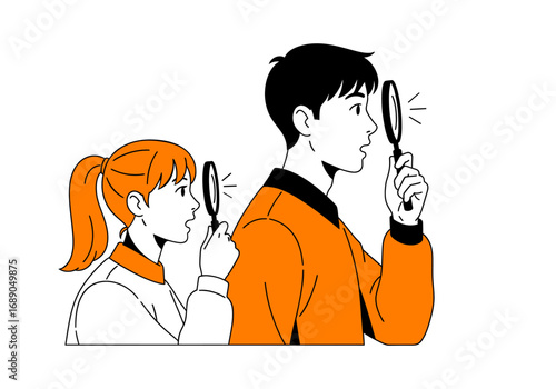 Illustration of two people using magnifying glasses to investigate and search together in a conceptual teamwork and discovery theme