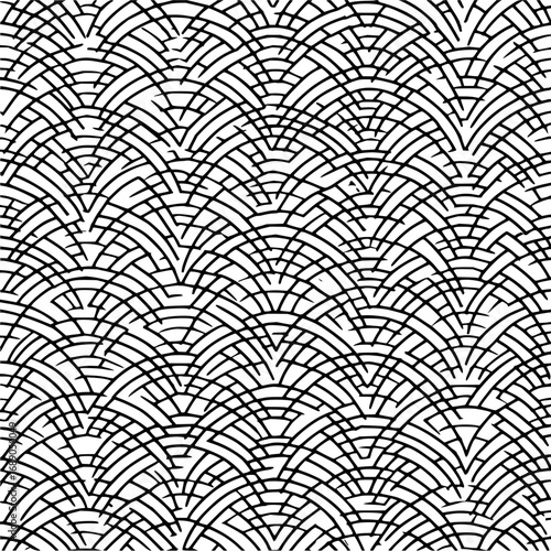 Geometric pattern of black lines forming arches and v shapes in a dense and repetitive design style