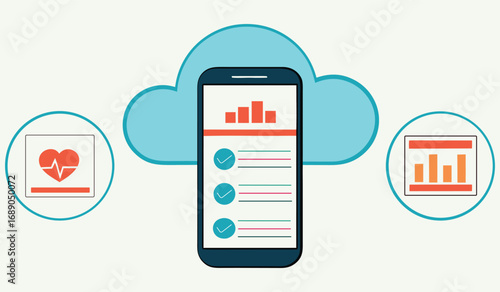 Vector art of smartphone displaying health data and charts connected to cloud