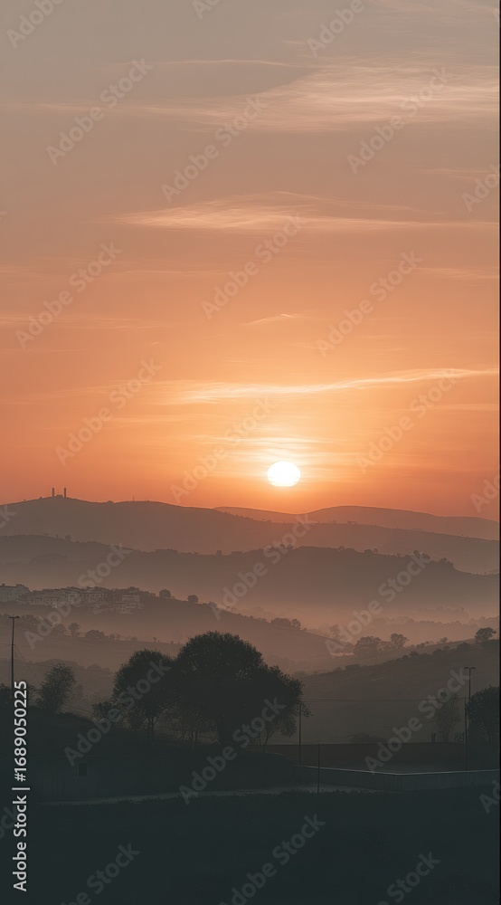 Obraz premium Sunset over hazy hills with layers of silhouettes and warm tones. The sky is orange and the sun is a bright orb. Fog drapes softly in the valleys