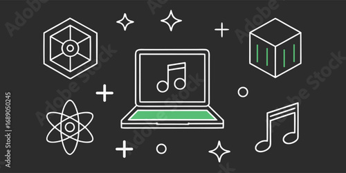 Vector art of digital music creation and technology with abstract science symbols