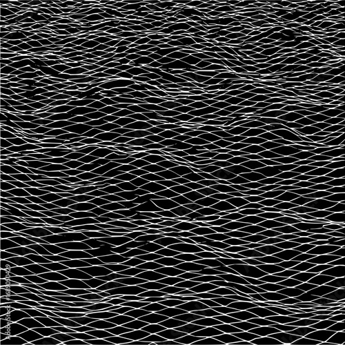 White wavy lines creating a net like structure against a black background in an abstract pattern design
