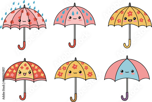 Cute cartoon umbrella collection with floral patterns, kawaii design, rainy weather concept, smiling faces, colorful children umbrellas, vector illustration, happy style