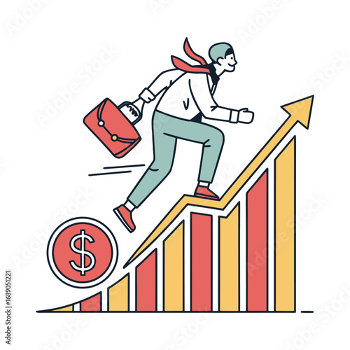 Businessman Running Up a Growth Chart, Financial Success and Investment Progress