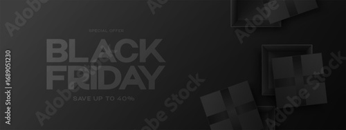 Black Friday Sale Banner Template. Black Friday sale banner concept. Bright typography gradient text. Black Friday Design with Ribbon and Black Friday Typography
