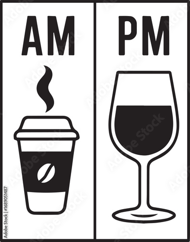 AM Coffee Cup Icon and PM Wine Glass Icon Split Panel Design vector illustration