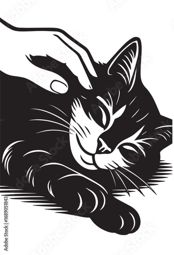Black and White Illustration of a Hand Petting a Sleeping Cat vector