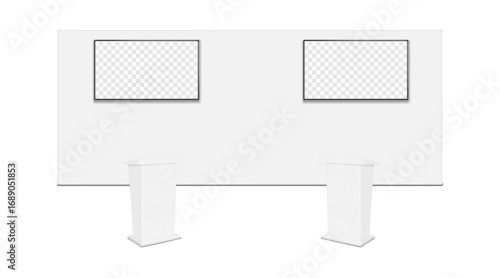 Trade show booth display kit mock-up. Expo tradeshow set template. White blank backdrop banner with LCD monitor TV video panels, two portable exhibition rostrum table stands. 3d vector mockup