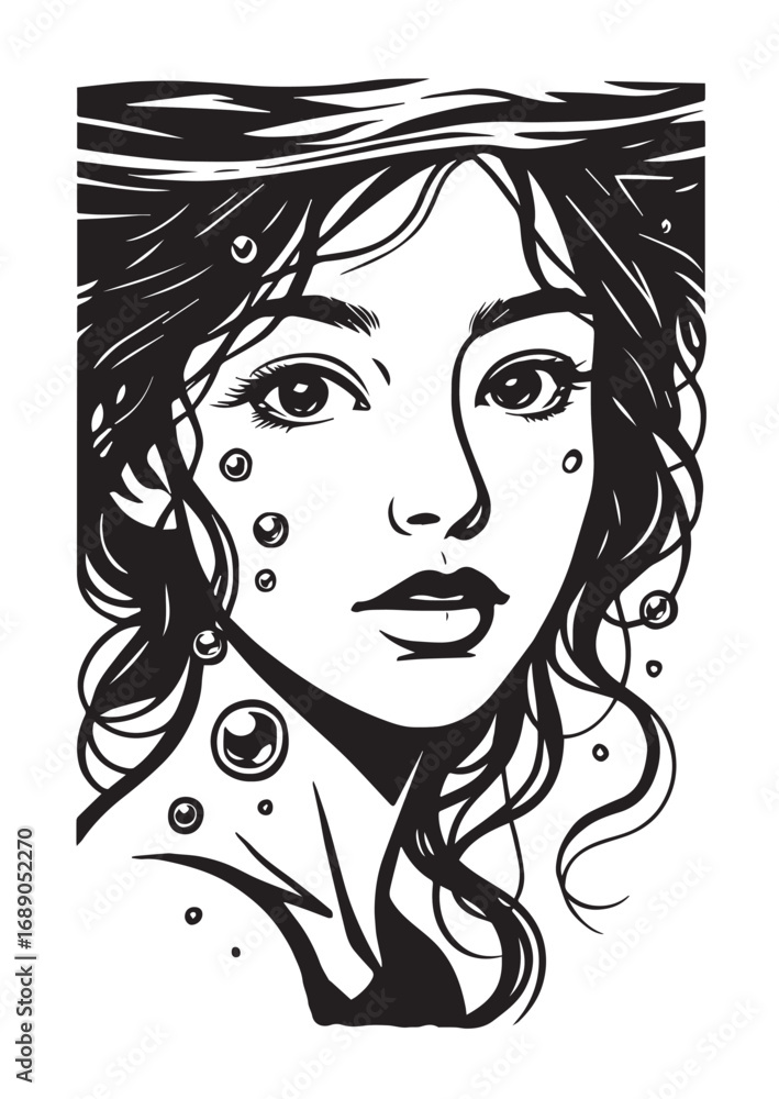 Fototapeta premium Black and white illustration of a woman's face with curly hair and bubbles Keywords: woman, face, portrait, female, girl, beauty, hair, curly hair, long hair, eyes, lips, expression, bubbles