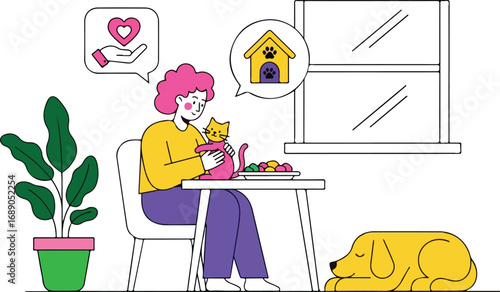Vector illustration of a pet owner providing care for her animals at home