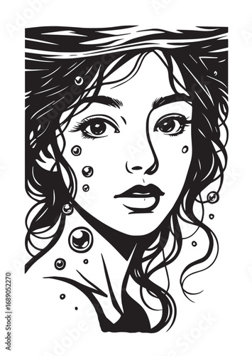 Black and white illustration of a woman's face with curly hair and bubbles Keywords: woman, face, portrait, female, girl, beauty, hair, curly hair, long hair, eyes, lips, expression, bubbles