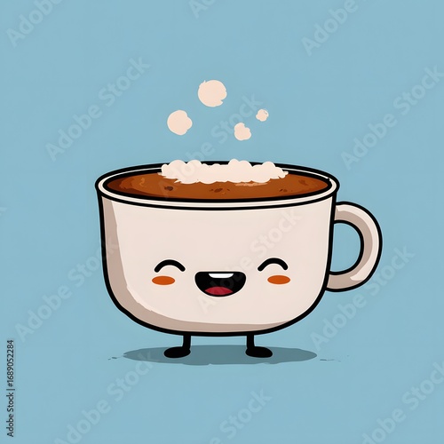A cartoon coffee cup with a happy face and steam rising on a light blue solid color background art