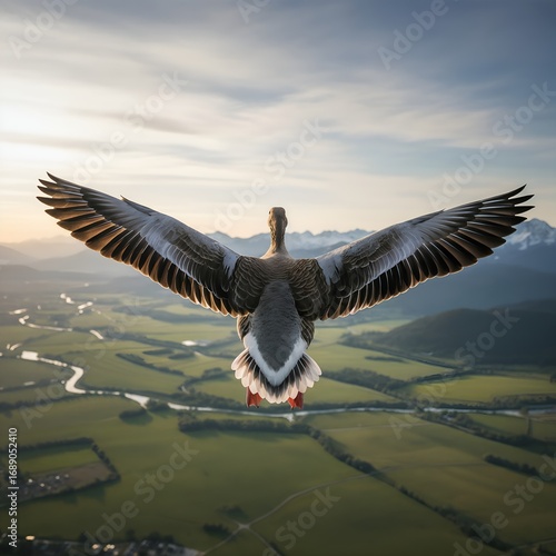 Majestic goose in flight over a lush landscape.
