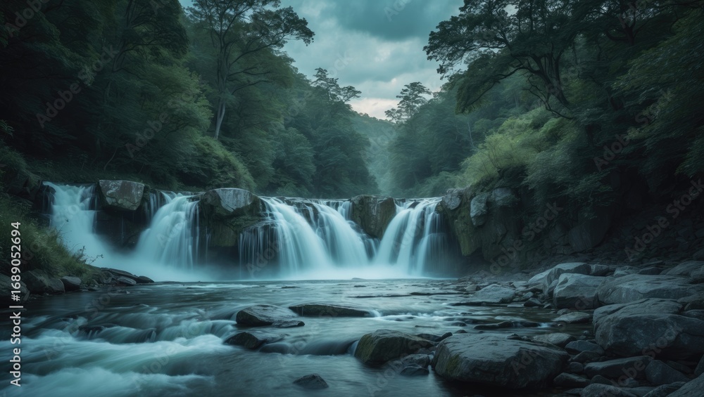 Fototapeta premium A flowing river with waterfalls in a lush green forest environment. Nature scenery with water and trees. A serene outdoor landscape featuring a cascading stream and dense woodland.