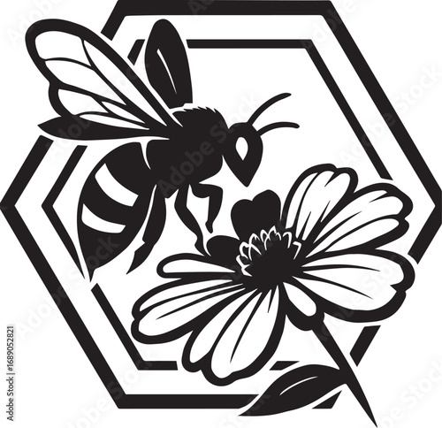 Black Silhouette of a Bee Collecting Nectar from a Flower within a Hexagon Frame insect honeycomb
