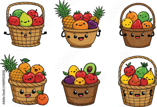Cute fruit basket set, kawaii cartoon fruits illustration, happy smiling fruit characters, healthy food design, colorful fresh fruit vector art