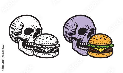 Illustration of skull biting burger, creepy funny style perfect for tattoo and streetwear.