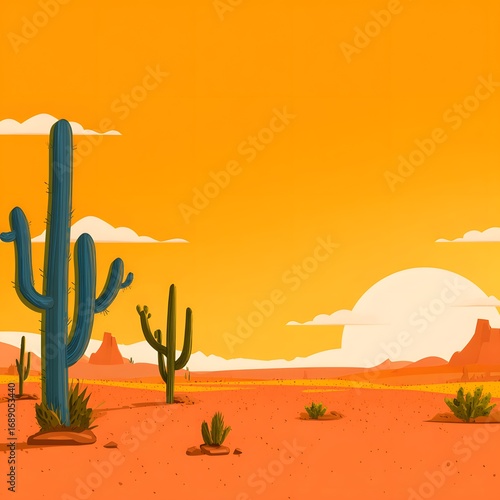 Illustration of a desert landscape with cacti, mountains, and a bright orange sunset sky view