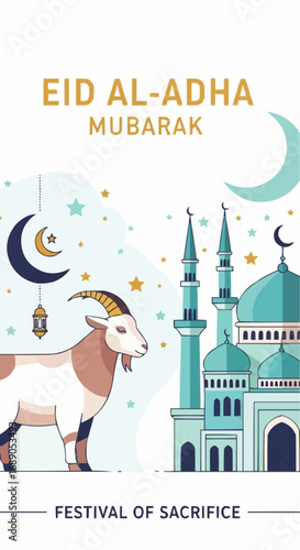 Eid al-Adha Mubarak celebration greeting with crescent moon, stars, and mosque illustration