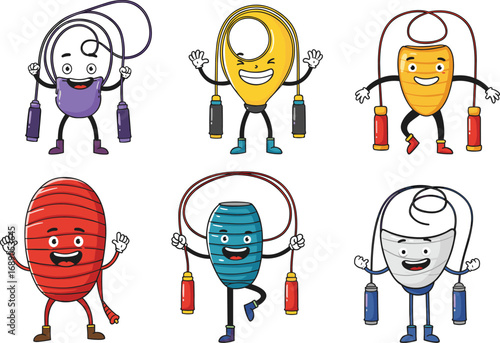 Funny cartoon jump ropes with happy faces, skipping rope fitness characters, playful exercise equipment, cute sports illustration, healthy lifestyle design