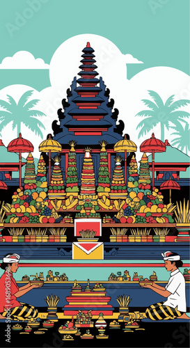 Balinese Hinduism offering ceremony with vibrant fruits and traditional shrine on tropical island