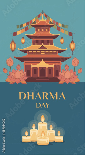 Celebrate Dharma Day with serene temples, lotus flowers, and calming candles for peace