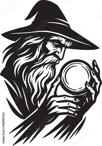 Wizard Holding Crystal Ball Black and White Illustration magic fortune teller
