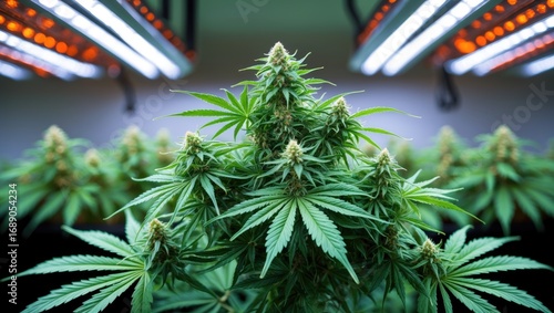 Indoor cannabis plant cultivation under grow lights. Marijuana plant, flowering stage, sustainable farming, horticulture, indoor gardening. The concept of cannabis cultivation and horticulture.