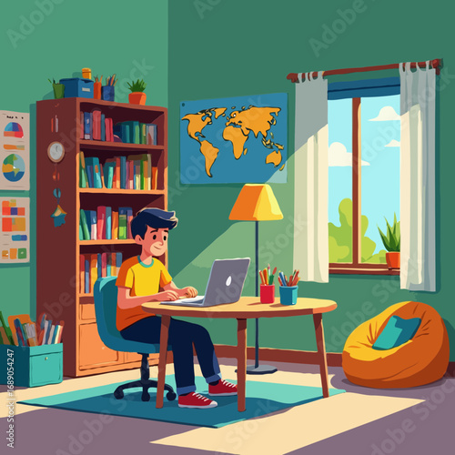 Cozy home office setup with bookshelf desk chair and beanbag chair
