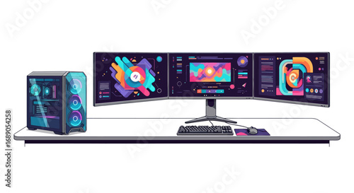 Modern Gaming PC Setup with Triple Monitors and Compact Tower.