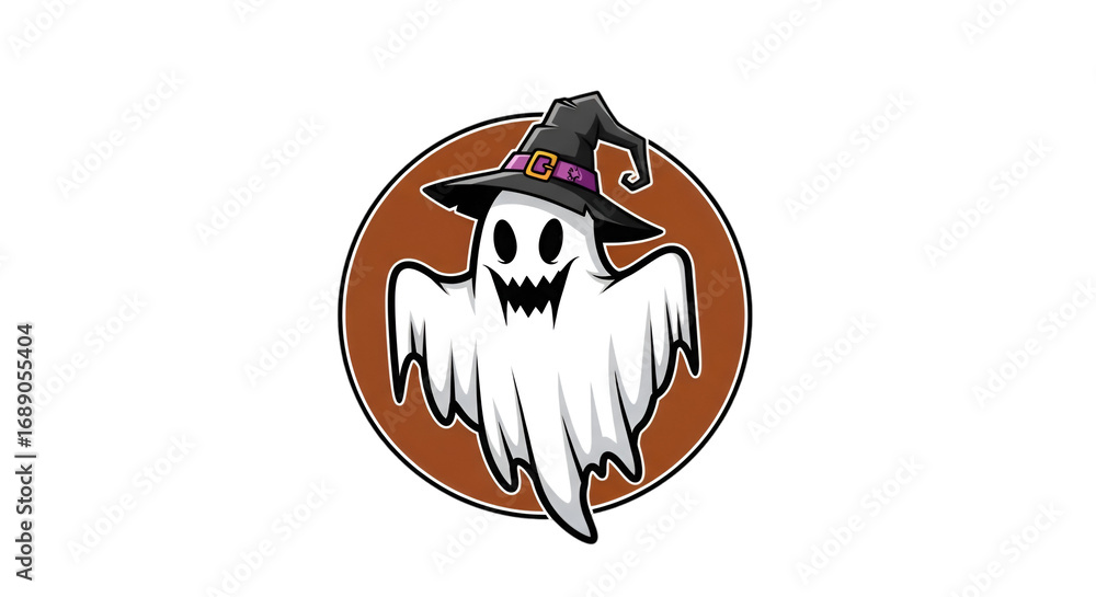 Obraz premium Cartoon ghost wearing a witch's hat, floating within a brown circular frame, smiling.
