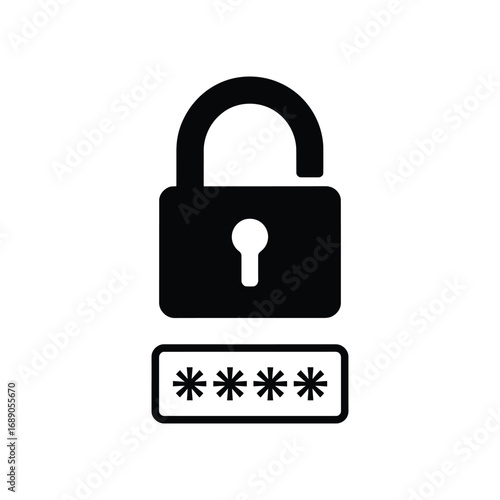 Black and white vector illustration of an open padlock above a password field with hidden characters, symbolizing cybersecurity, login access, data privacy, and online security