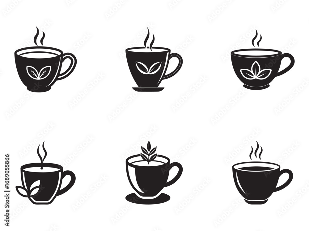 Obraz premium Black and White Tea Cup Icon Set with Leaf Designs and Steaming Hot Beverages for Relaxation and Wellness
