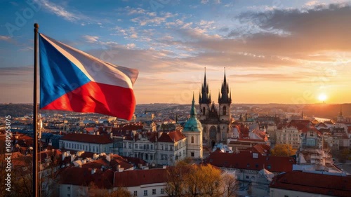 The Czech Republic flag waves against a scenic sunset backdrop over Prague, celebrating Independence and Flag Day.
