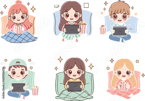 Cute kids watching tablet with popcorn, cozy blanket time, digital entertainment, cartoon children illustration, movie night, happy indoor activity.