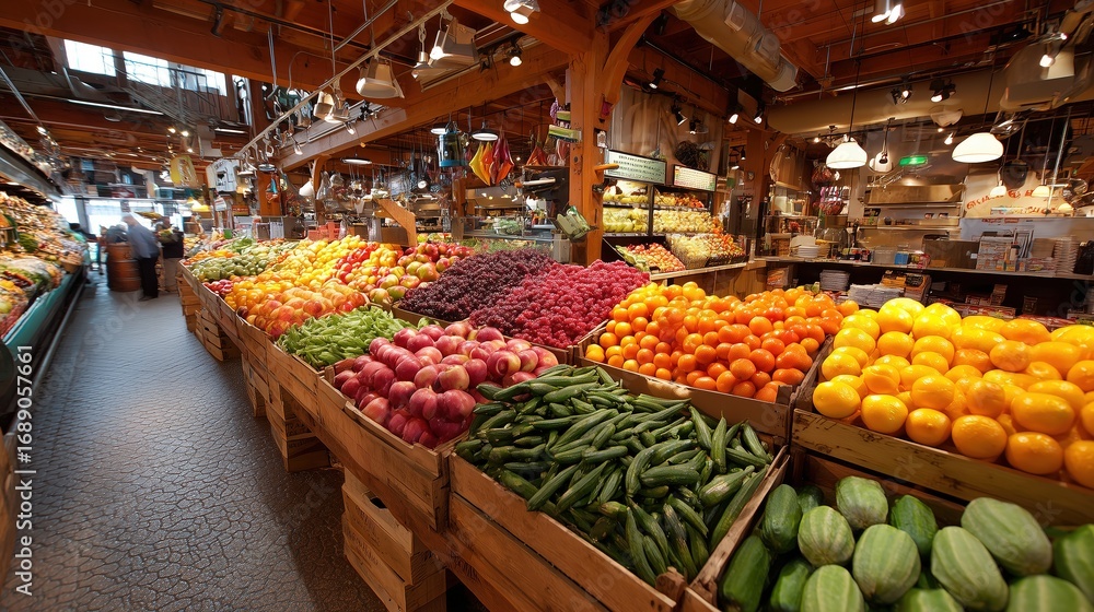 Fototapeta premium Colorful fresh fruits vegetables display on wooden crates in grocery store, shoppers in background, bright lighting wide angle product photography