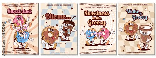 Colorful retro posters with cartoon illustrations of two cute donut characters with coffee and cola, covered in pink and blue icing, holding hands with a bow, surrounded by playful decorative elements