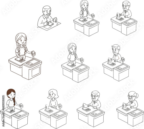 Cartoon characters using card payment at counter, modern checkout illustrations, cashless transaction concept, retail payment scenes, digital purchase icons