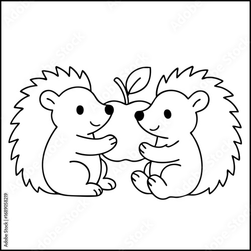 Two hedgehogs holding one apple together in autumn. Cozy woodland coloring page for kids.