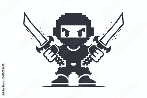 Pixelated Ninja with Swords on White Background Retro 8Bit Game Icon