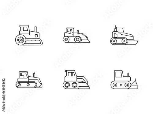 Bulldozer and Construction Vehicle Outline Icons for Transportation and Industrial Equipment Heavy Machinery and Earthmoving Machinery
