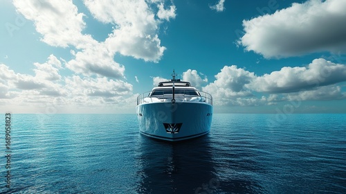 Minimalist wide shot of a yacht in the distance on blue