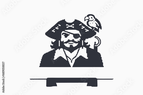 Pixelated Pirate with Parrot, Eye Patch, Bandana and Table on White Background