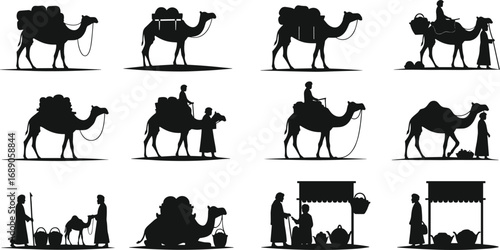 Silhouettes of camels carrying goods and people, desert caravan, traditional transport, nomadic lifestyle, trade market, Middle Eastern culture, desert journey, travel.