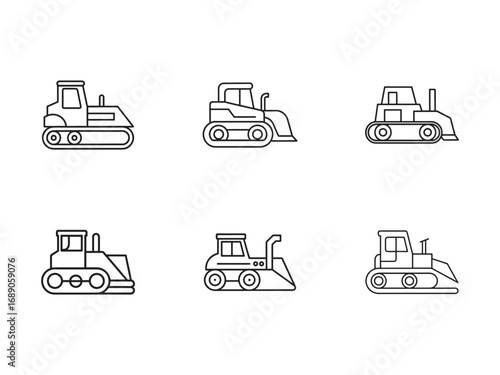 Bulldozer Icon Set in Outline Style Heavy Equipment for Construction and Industry Transportation Machinery Collection