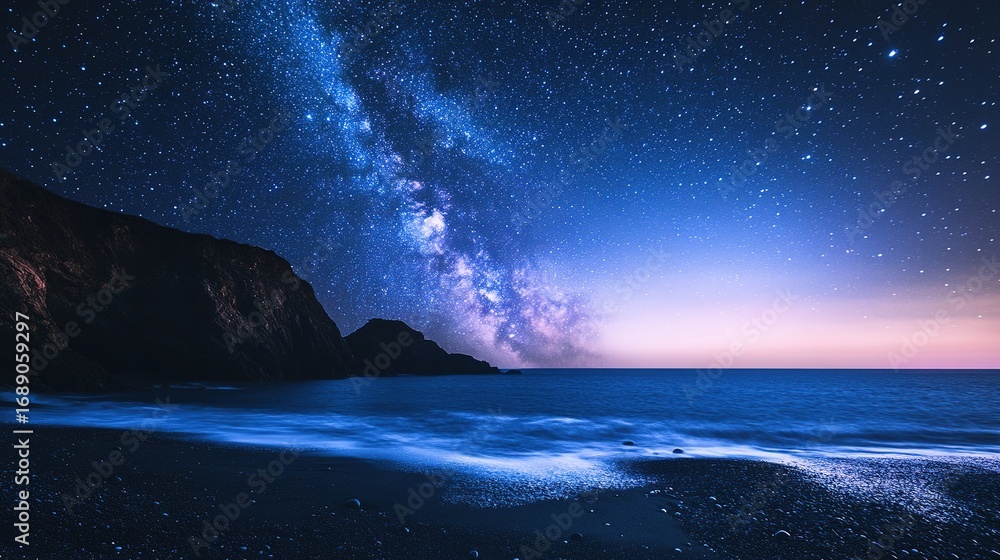 Naklejka premium Night ocean with countless stars above soft glow reflex