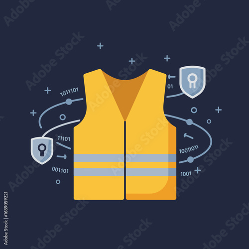 This conceptual graphic depicts a yellow safety vest with protective shields and binary code, symbolizing robust data safeguarding and cybersecurity for the online environment.