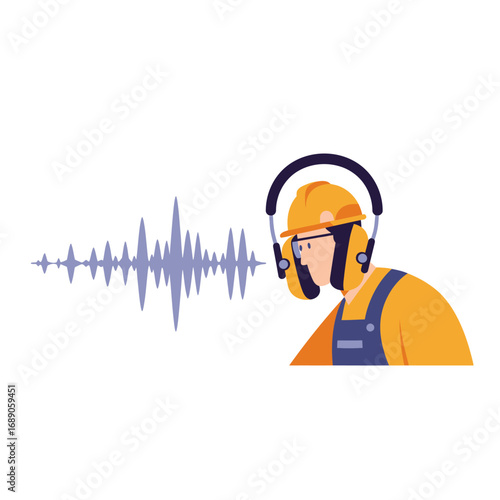 A worker wearing a hard hat and protective earmuffs demonstrates crucial hearing protection against loud sound waves, emphasizing workplace safety and health.