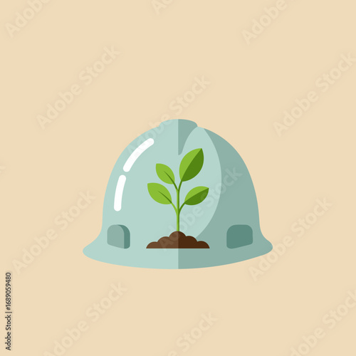 A vibrant green sapling sprouts from fertile soil within a protective construction helmet, symbolizing sustainable industrial development and environmental care.