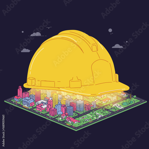A vibrant miniature cityscape, complete with buildings and infrastructure, is thoughtfully overseen and protected by a prominent yellow hard hat, symbolizing urban development and safety.